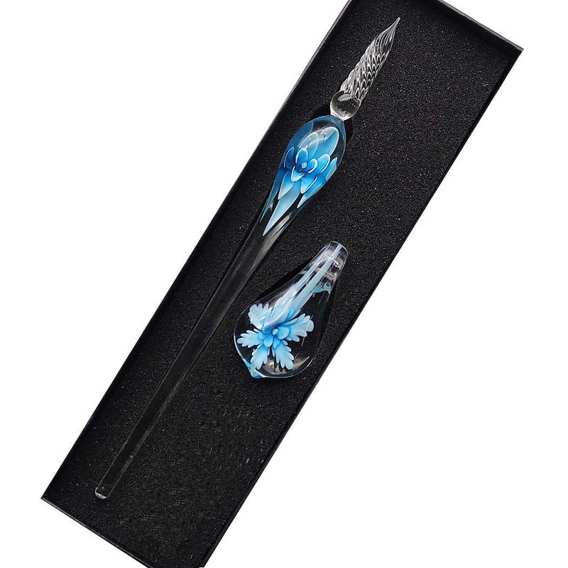 SIPLIV Crystal Glass Intarsia Dip Pen Fountain Pen Kit Vintage Calligraphy Signatures Pen, Light Blue - Image 1